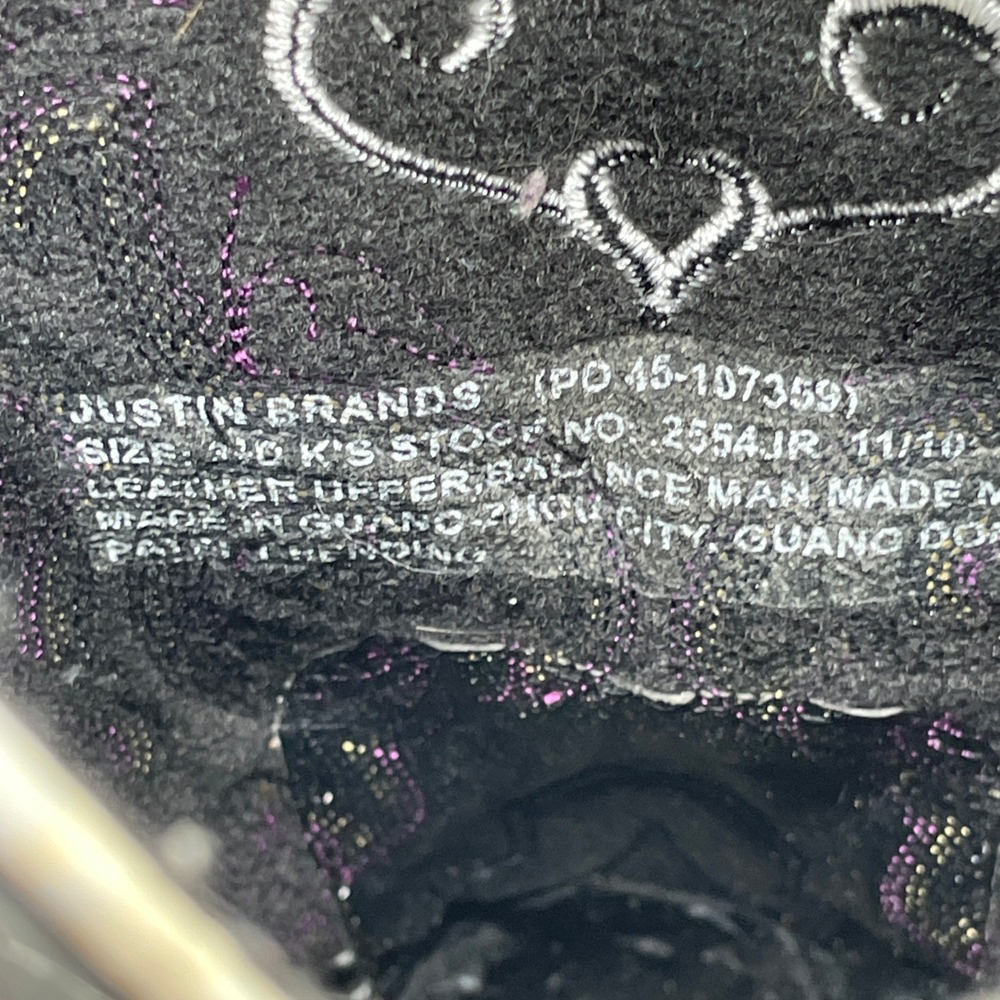 Justin Stampede Western Cowboy Boots Kids 3.5D Black Purple Heart Square Toe - Picture 9 of 9